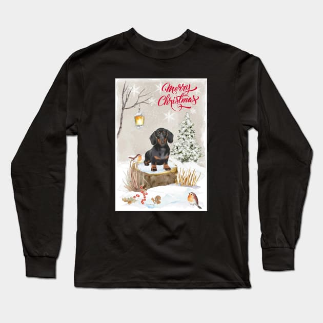 Black And Tan Dachshund Merry Christmas Santa Dog Long Sleeve T-Shirt by Puppy Eyes